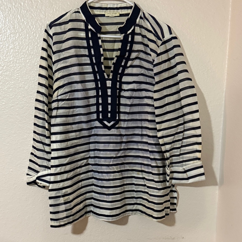 Saint Tropez West Navy and Cream Striped Top Sz L - Picture 2 of 10